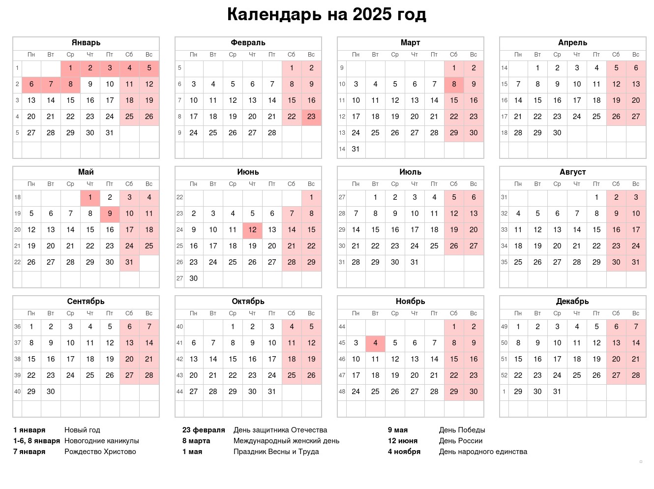 Простые настенные календари на 2025 год